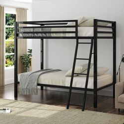 Metal Bunk Bed Twin Over Twin Size with Angled Ladder & Guardrail, Space-Saving, Black