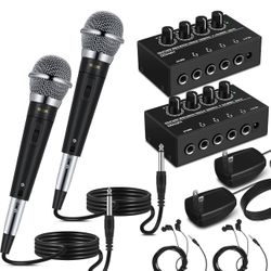 2 Sets Headphone Amplifier 4 Channel Metal Stereo Audio Amplifier with TRS Slots and Monitoring Earphone Condenser Microphone for Recording Studios