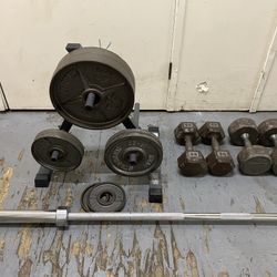 Weights, Plates, Barbell, Dumb Bells, Weight Rack,  Weider Weight Bench 