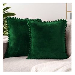 Beautiful Stylish Emerald Green Pom Pom Pillow Covers. 18”X18”. Inserts Not Included.