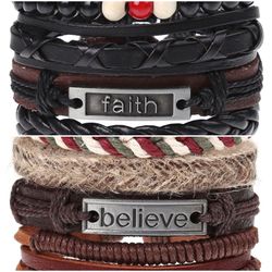2 x Set Adjust. Size up to 9.5inc Leather Bracelet, (Faith-Believe_2)