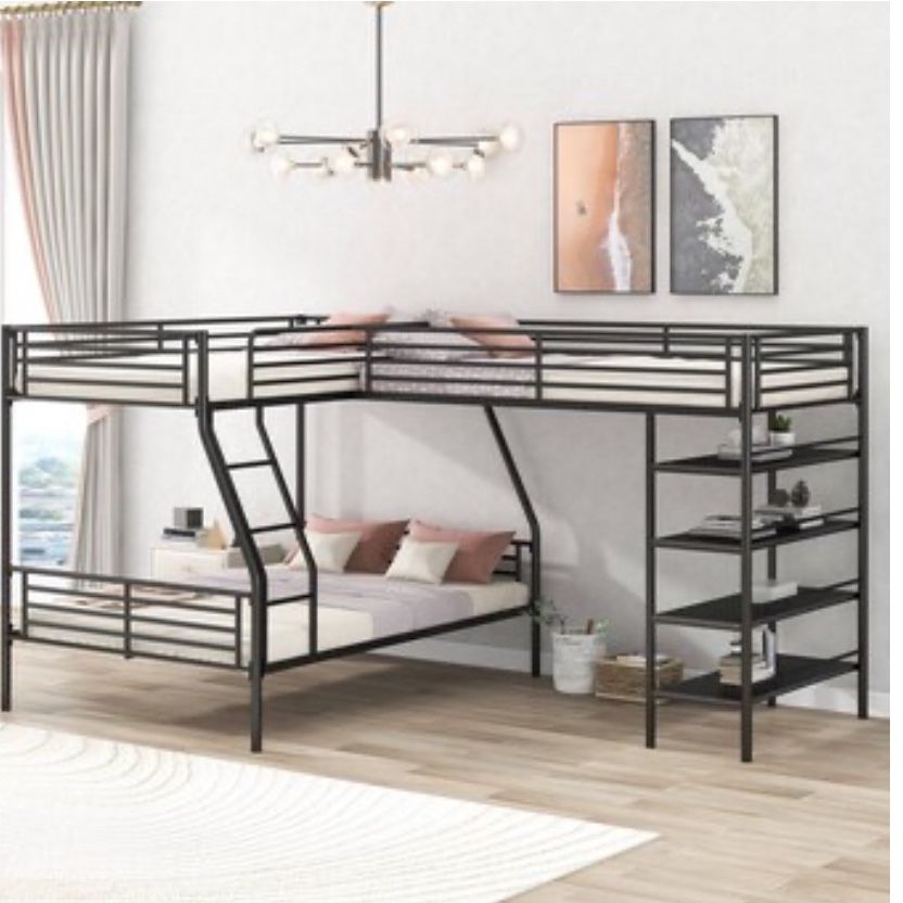 L shaped Triple Bunk Bed, Twin Bed Over Full Size Bunk Bed With Twin Loft Bed