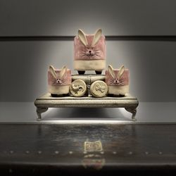 3  & Cream Bunny Shaped Succulent Planters + 2 Art Discs