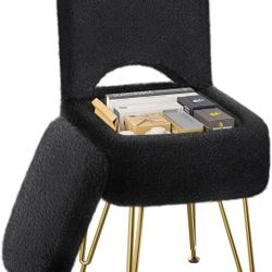 New Small Vanity Stool Chair with Storage and Folding Back, 13.4" x 15" x 30" Square Faux Fur Soft Ottoman, 4 Metal Legs with Anti-Slip Feet