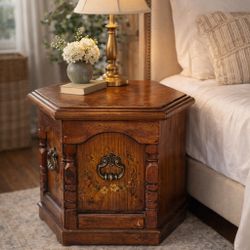 Vintage Hexagon Wooden End Table / Nightstand with Storage