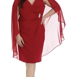 SZ 14 Womens Red Chiffon Crystal Embellished Cocktail Dress W/ Cape R&M Richards