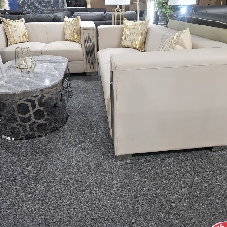 Brand New Cream Synthetic Leather Modern Sofa + Loveseat 2PCs Set