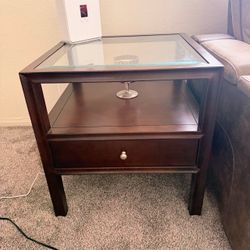 Dark Wood End Table with Glass Top