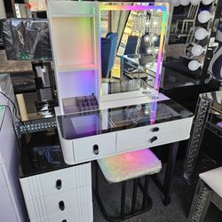 Brand New Vanity RGB Light W/ Couple Drawers, Wireless Charger & Stool $489 