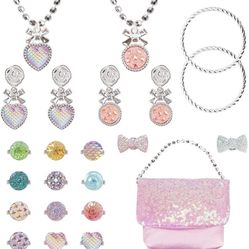 Princess Jewelry Toys 23 Pcs Girls Pretend Play Jewelry Toy Set with Necklaces Rings Earrings Bracelets Bag Princess Dress Up Play Set for Gift 
