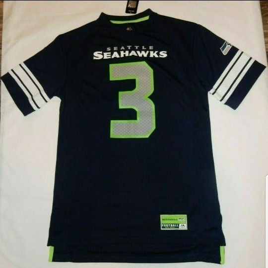 Majestic Russell Wilson Seattle Seahawks Hashmark Jersey Shirt.