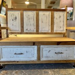 Rustic Antique White Bench with Storage Drawers
