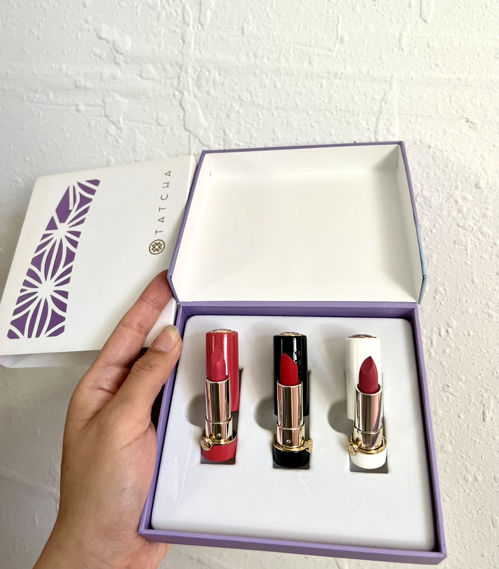 TATCHA Kyoto Kisses Mini Silk Lipstick Trio Peony Blossom Sunrise Kyoto Red NIB