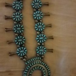  HUGE RARE REVERSIBLE VINTAGE NAVAJO TURQUOISE CLUSTER STERLING SQUASH BLOSSOM NECKLACE
