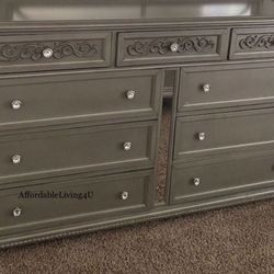 Silver Dresser W/ Crystal Knobs & Mirrored Accents Brand New In Box 