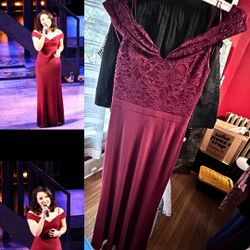 Night Way Collections Burgundy Lace Off-Shoulder Gown