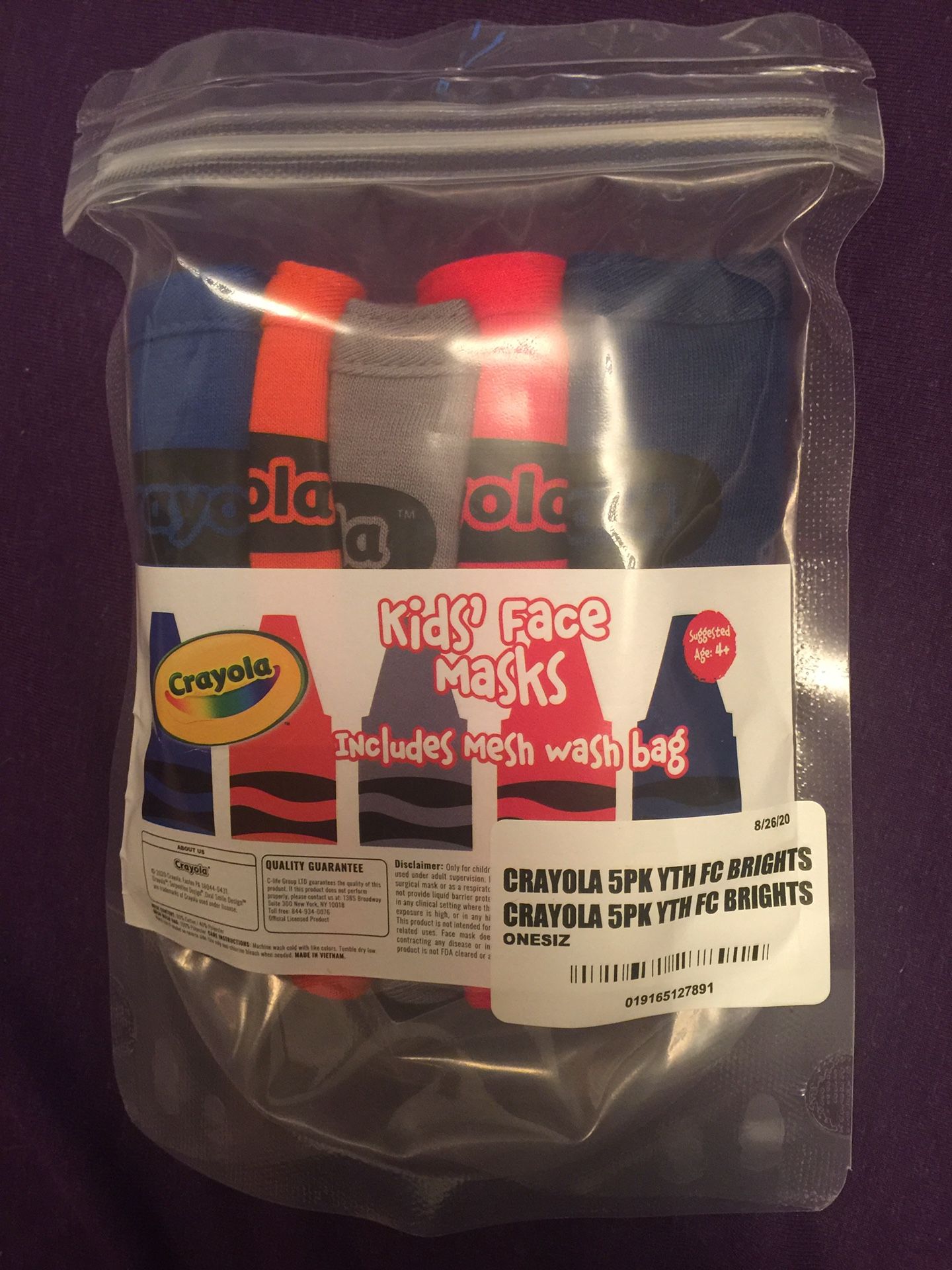 Crayola kids face mask 5 pack w/ laundry bag