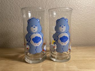 2 Vintage 1983 Care Bears Grumpy Bear Collectible Glass Tumblers