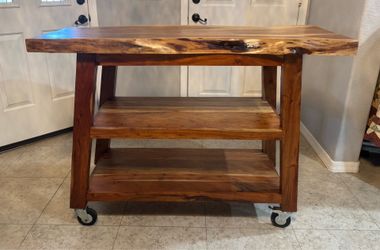 Natural Live Edge Solid Wood Bar Cart Island on Wheels