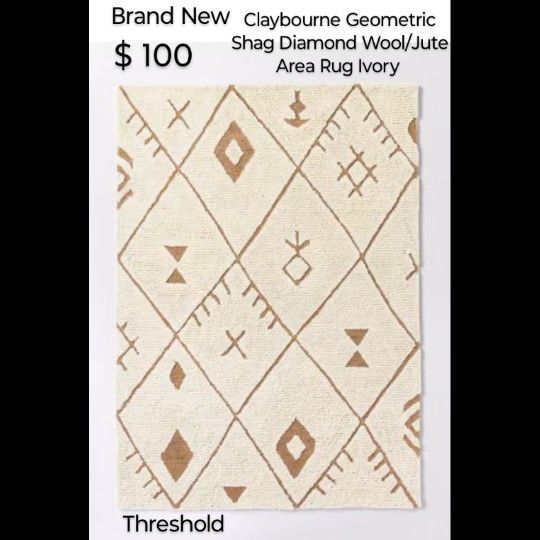 Brand New Threshold & Studio Mc Gee 5" X 7" Claybourne Geometric Shag Diamonds Wool Jute Area Rug Ivory