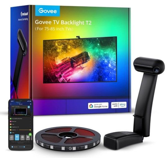 Govee Envisual TV Backlight T2 with Dual Cameras, 16.4ft RGBIC Wi-Fi LED Backlights for 75-85 inch TVs, Double Light Beads, for Home Decorations, Smar