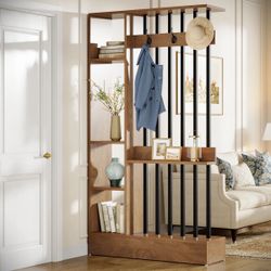 New Wood Freestanding Wall divider  Bookcase With Coat Hooks