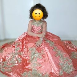 Peach Satin Girl's Gown With Gold Embroidery- 5/6/7 - Give Me Your Offer