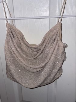Windsor Nude / Champagne color sparkly spaghetti strap crop top.