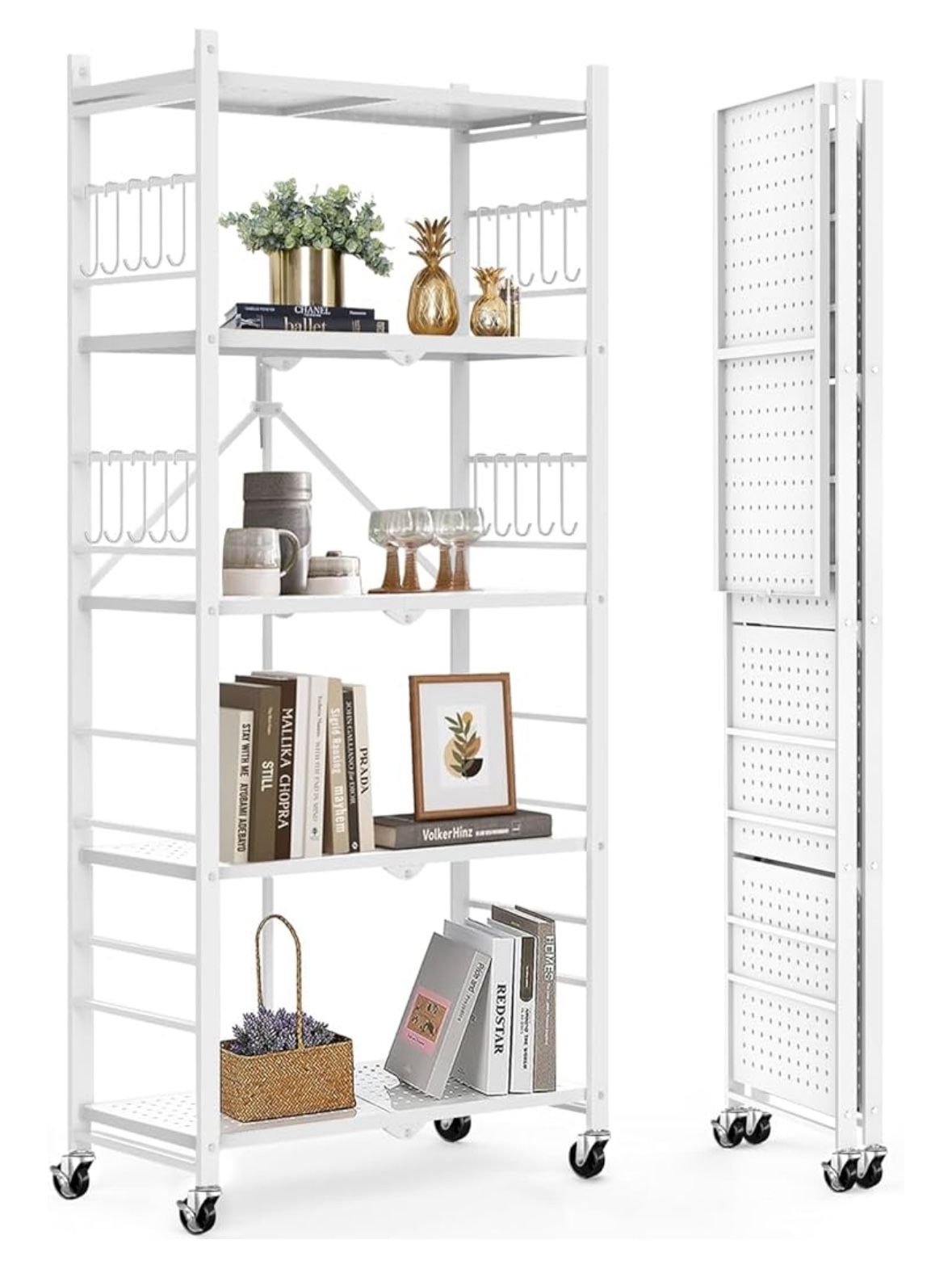 5-Tier Storage Folding Shelf with 20 Hooks, 4 Wheels, and Adjustable Feet, Stainless Steel