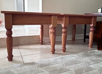 Two Wood Side End Tables 22” (W) x 26” (L) x 21” (H). Excellent condition. Turned legs