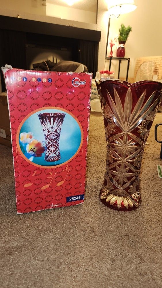 Vintage Red Cut Bohemian Glass Vase