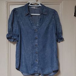 Jane + Delancey Women's XS Blue Denim Collared Button- Up Puff Sleeve Blouse