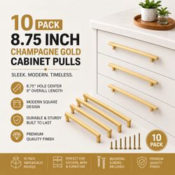 New Set of 10 Champagne Gold Cabinet Pulls, 8.75 Inch