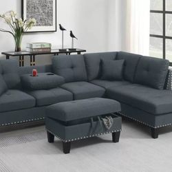 3-pc Sectional Sofa With Storage Ottoman Charcoal Fabric 
