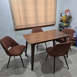 Mid-Century Modern Dining Set - Walnut Table & 4 Upholstered Chairs