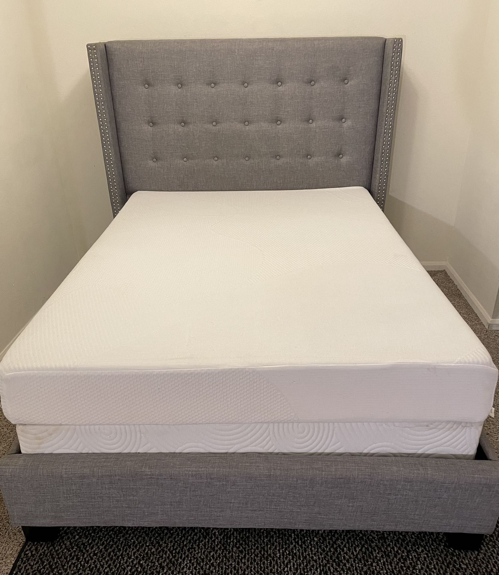 Full Size Gray Upholstery Bed Frame w/ 8 Inch Memory Foam Mattress and