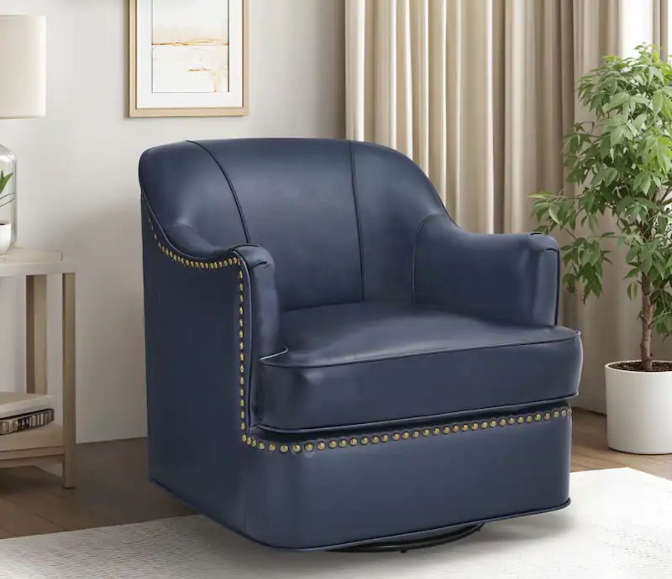 Modern Genuine Leather 360° Swivel Upholstered Accent Barrel Chair with Metal Base for Living Room - Navy-Single
