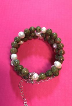 Unakite with freshwater pearl bracelet