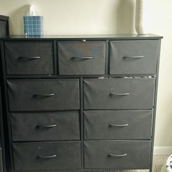 DUMOS Dresser for Bedroom, Storage Drawers, Fabric Storage Tower with 9 Drawers, Chest of Drawers with Fabric Bins, Sturdy Metal Frame, Wood Tabletop 