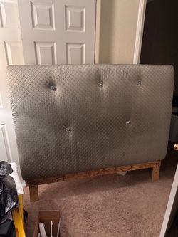 Queen Seafoam Green/Gray Upholstered Headboard with Ornate Buttons
