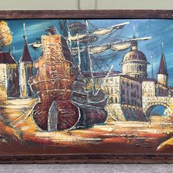 Large midcentury surreal Spanish galleon painting framed