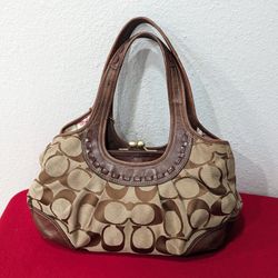 Coach Ergo Medium Brown Beige Purse Signature Canvas& Leather Kiss Lock Shoulder Bag