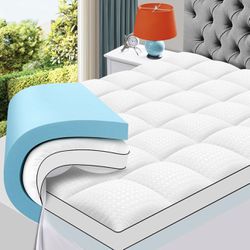 Queen Size Dual Layer 4 Inch Memory Foam Mattress Topper, 2 Inch Gel Memory Foam and 2 Inch Cooling Pillow Top Mattress Pad Cover for Back Pain, Mediu