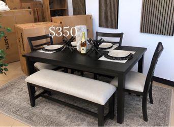 6-pc Dining table set with bench black and gray