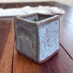 Signed Studio Pottery Mini Cube Planter Vase 2.5"
