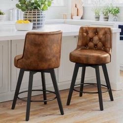 Brown Leather Swivel Barstool Set Of 2 
