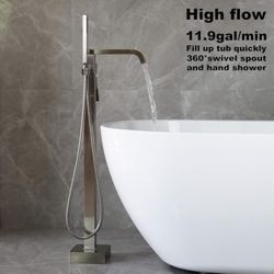 Freestanding Tub Faucet Bathtub Filler Brushed Nickel LLGG High Flow 11.9GPM Floor Mounted Mount Faucets Fillers For Bathtubs Tubs Bathroom with Handh
