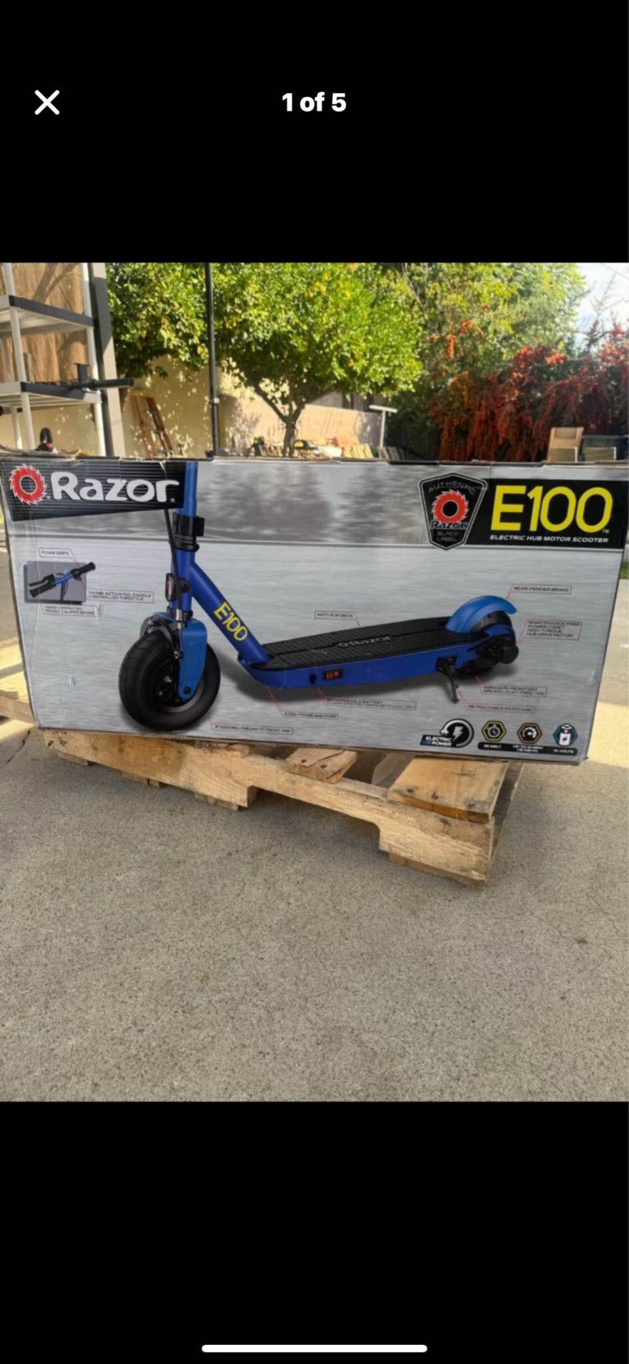 Razor Black Label E100 Electric Scooter - Blue, up to 10 mph, 8" Pneumatic Front Tire, for Child 8+