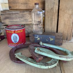 Vintage Flask, Tobacco Can & Horseshoes