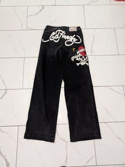 Ed Hardy Women’s Jeans 26 Black Y2K Tattoo Rose Skull Wide Leg Grunge